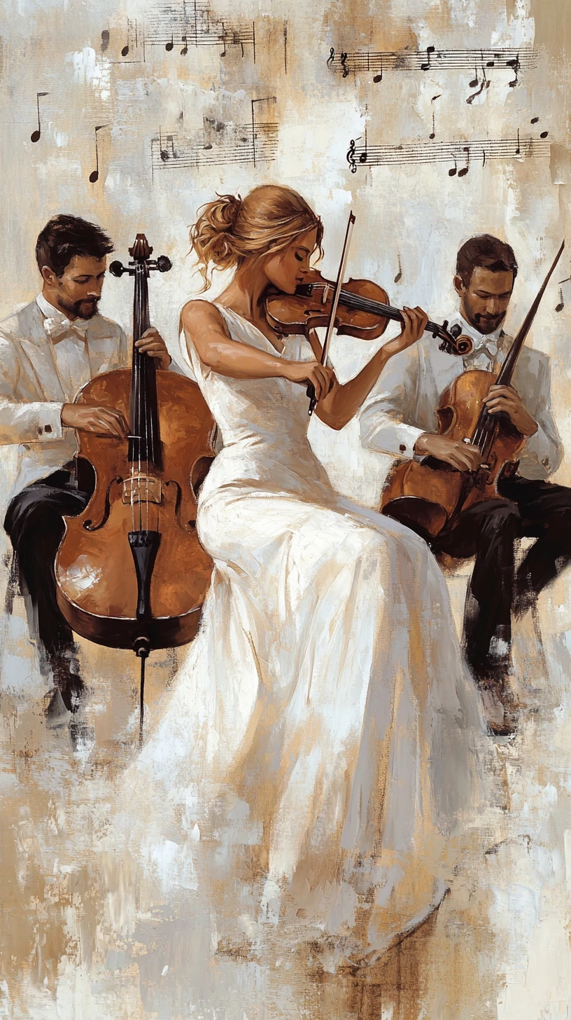 Pintura romântica de um trio de cordas se apresentando junto
