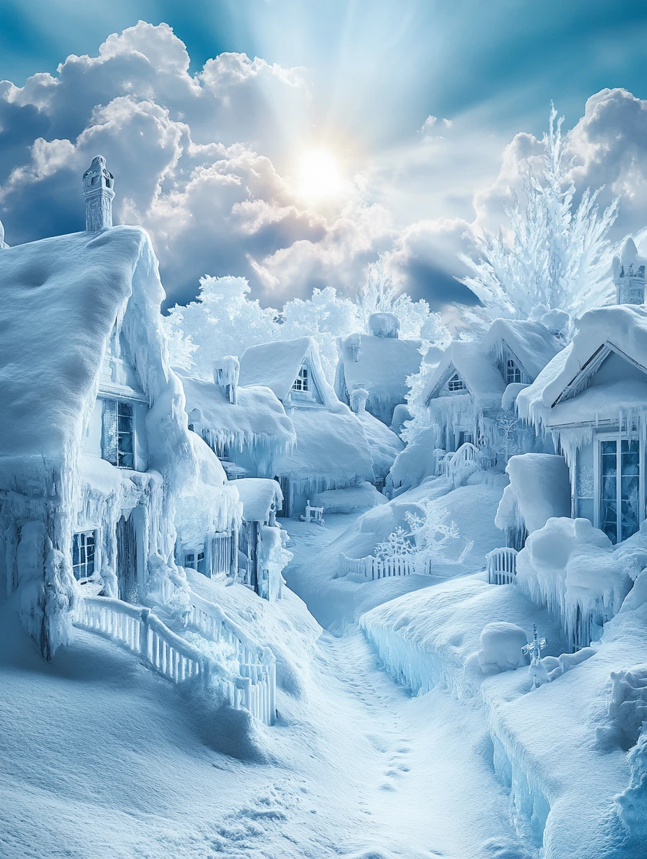 Dreamlike Snow And Ice Suburban Town Under Soft Sun