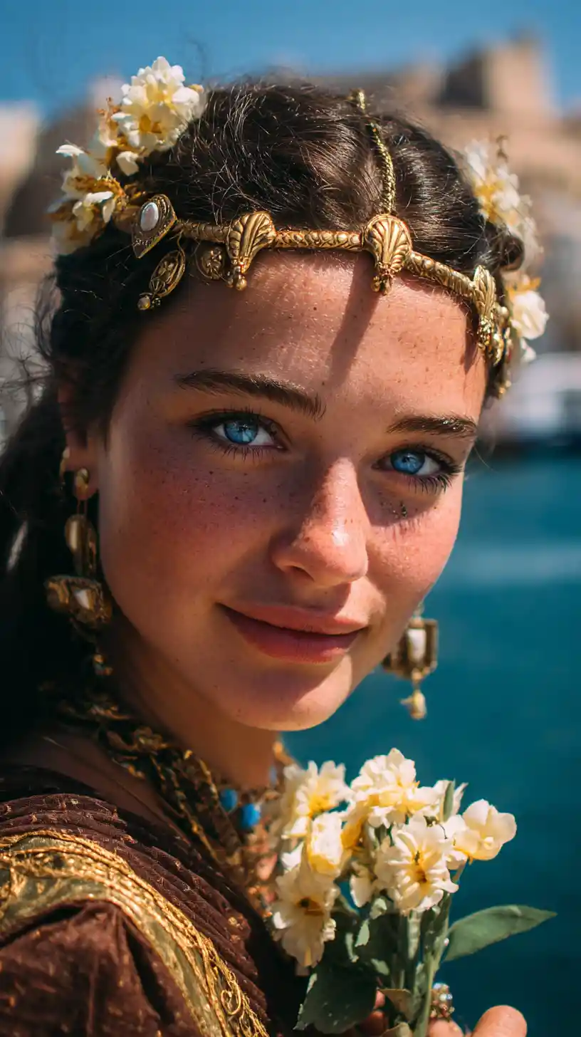 Giovane donna con copricapo cartaginese sul Mar Mediterraneo