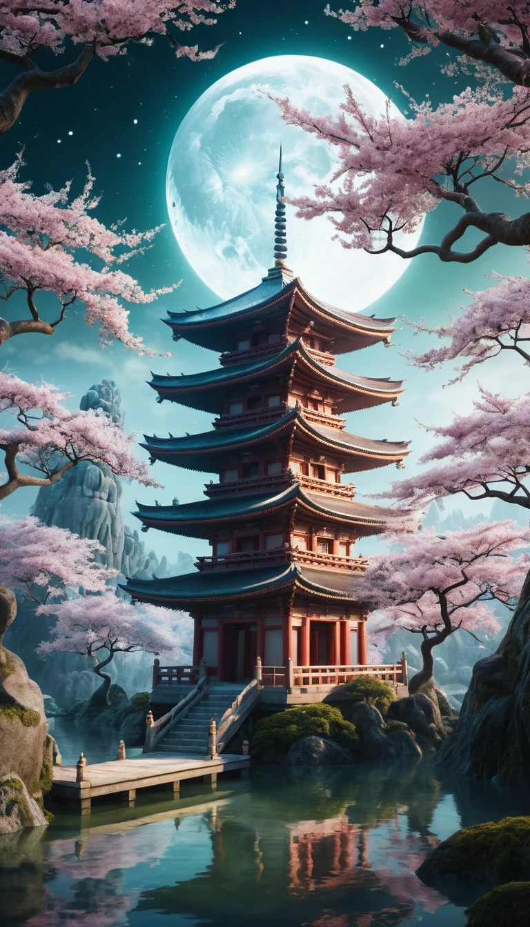 Templo pagode místico sob cerejeira em flor ao luar