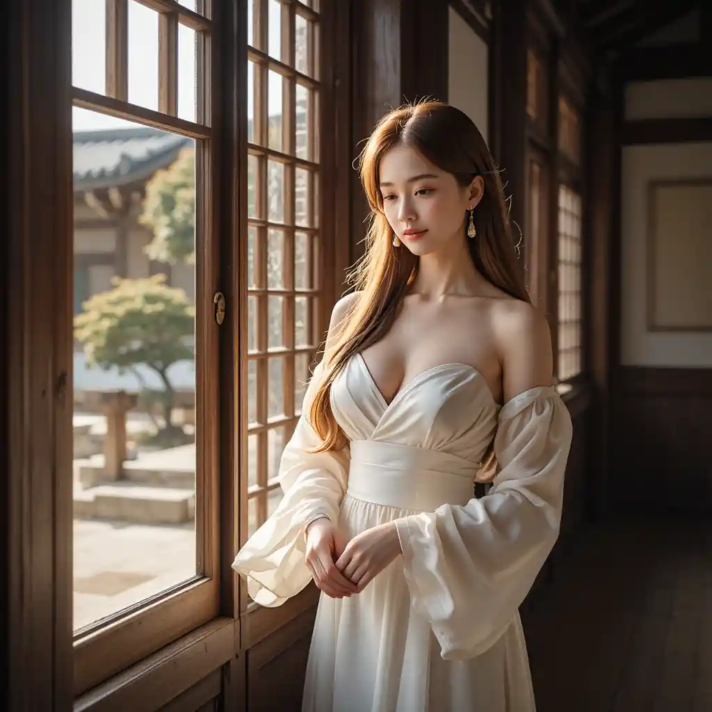 Schüchterne Koreanerin im Seidenkleid am sonnenbeschienenen Hanok-Fenster
