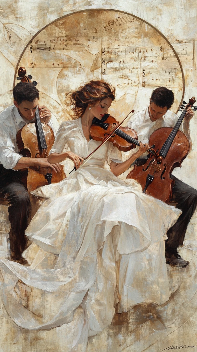 Pintura romântica de um trio de cordas com violino e violoncelo