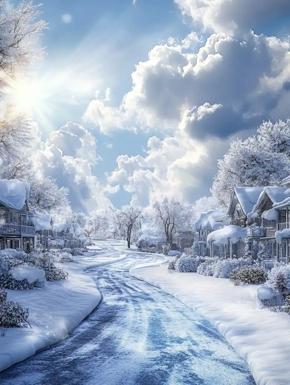Cittadina suburbana fantastica scolpita in pura neve e ghiaccio