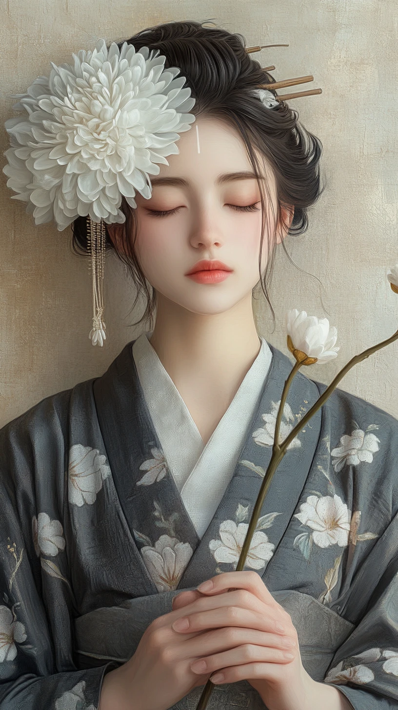 Young woman in grey kimono with chrysanthemum hair ornament