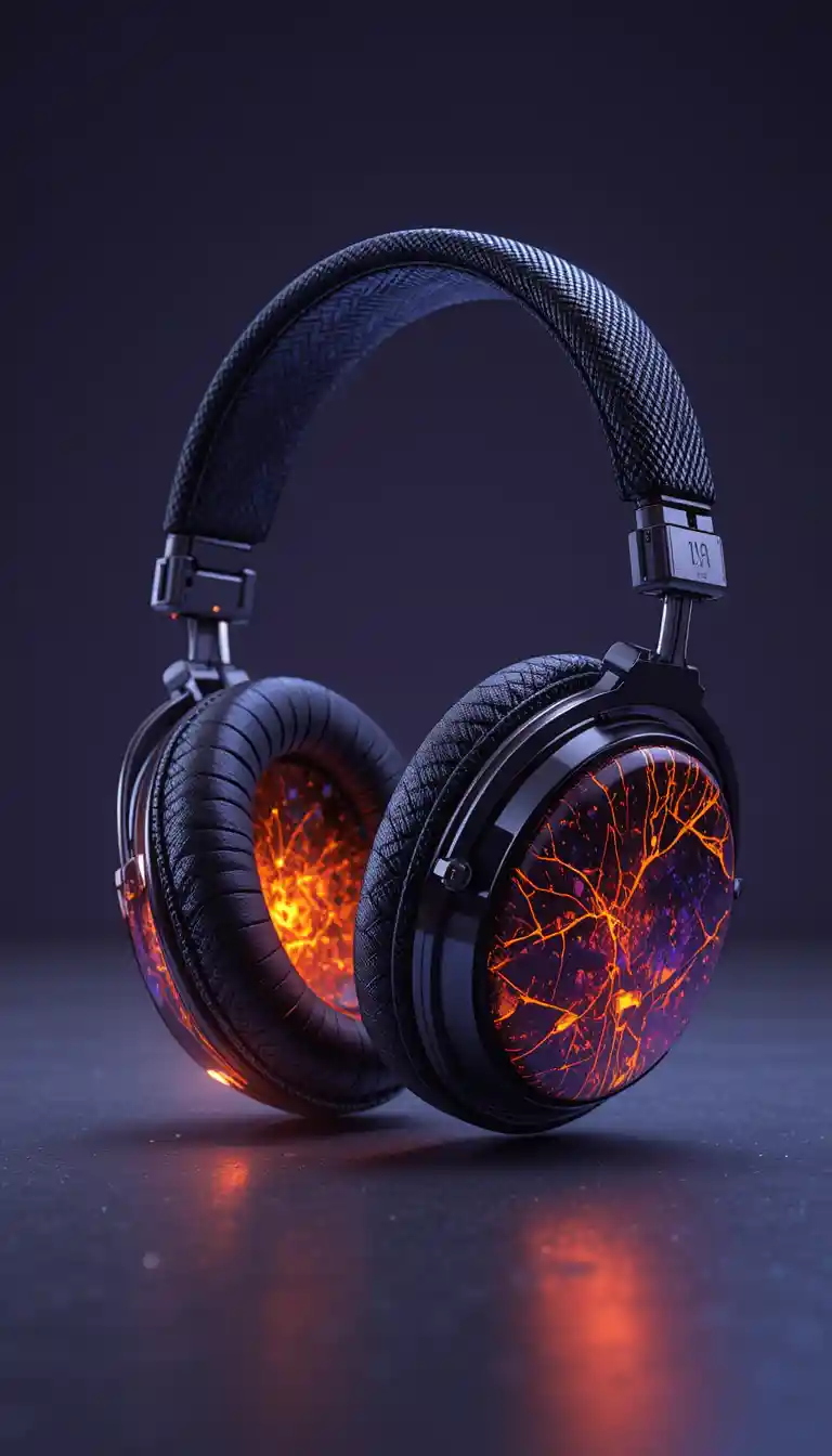 Crystal and obsidian headphones with glowing cosmic details