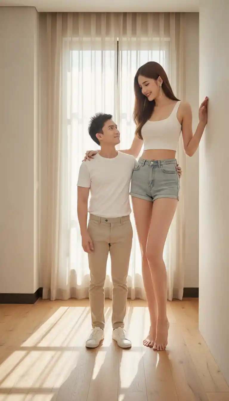 Pareja tailandesa romántica en una habitación minimalista iluminada por el sol