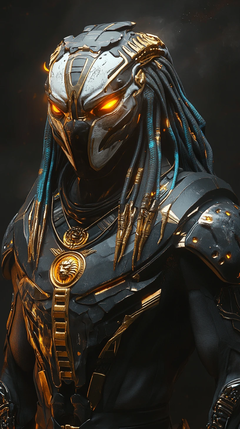 Ancient sci fi warrior with glowing eyes and golden armor