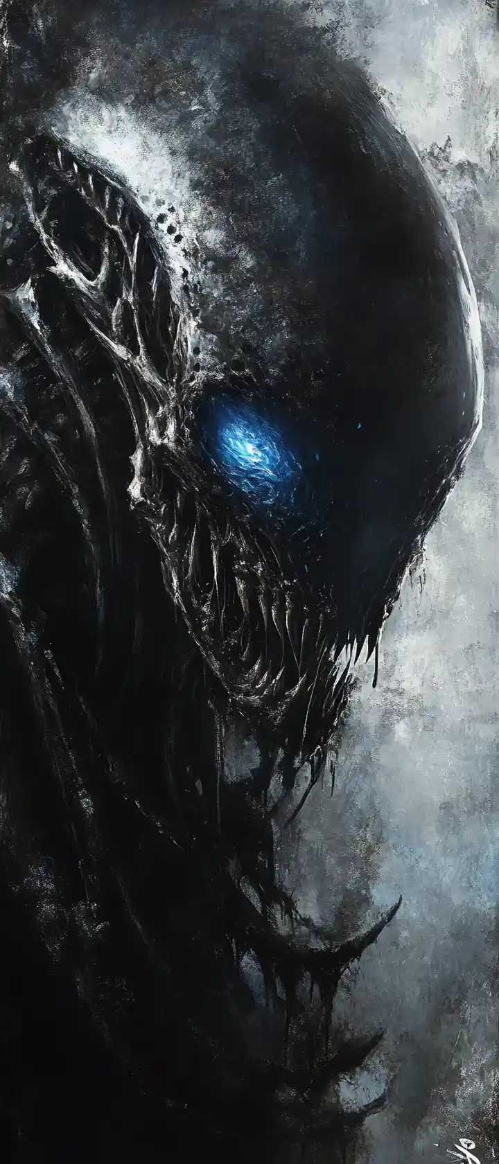 Terrifying Close Up Of Skeletal Alien With Glowing Blue Eye