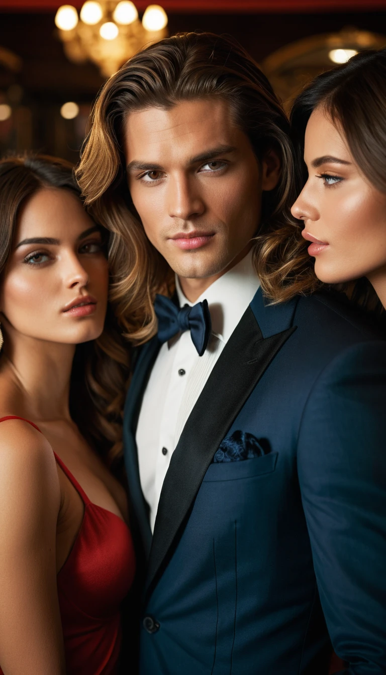 두 여성에게 키스하는 남자의 관능적인 클럽 포트레이트
