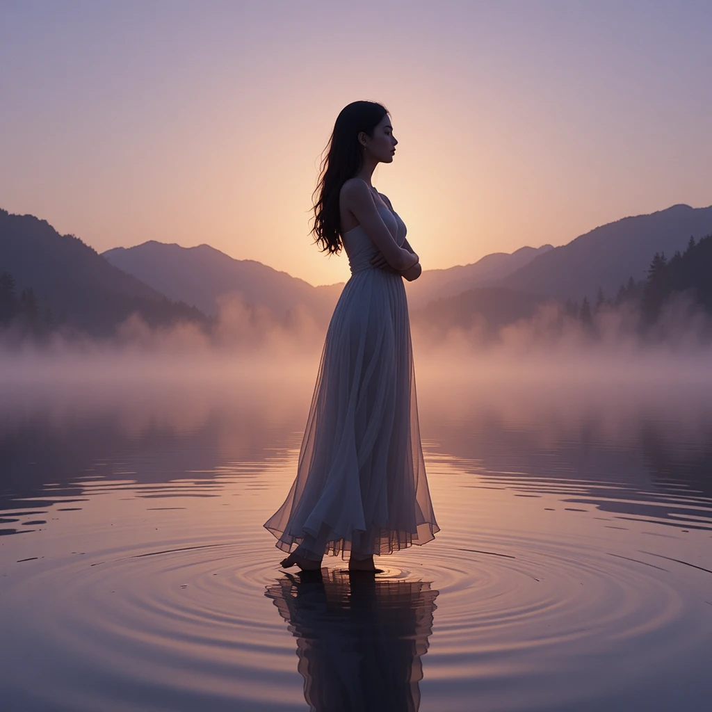 Woman at dawn by a misty tranquil mountain lake