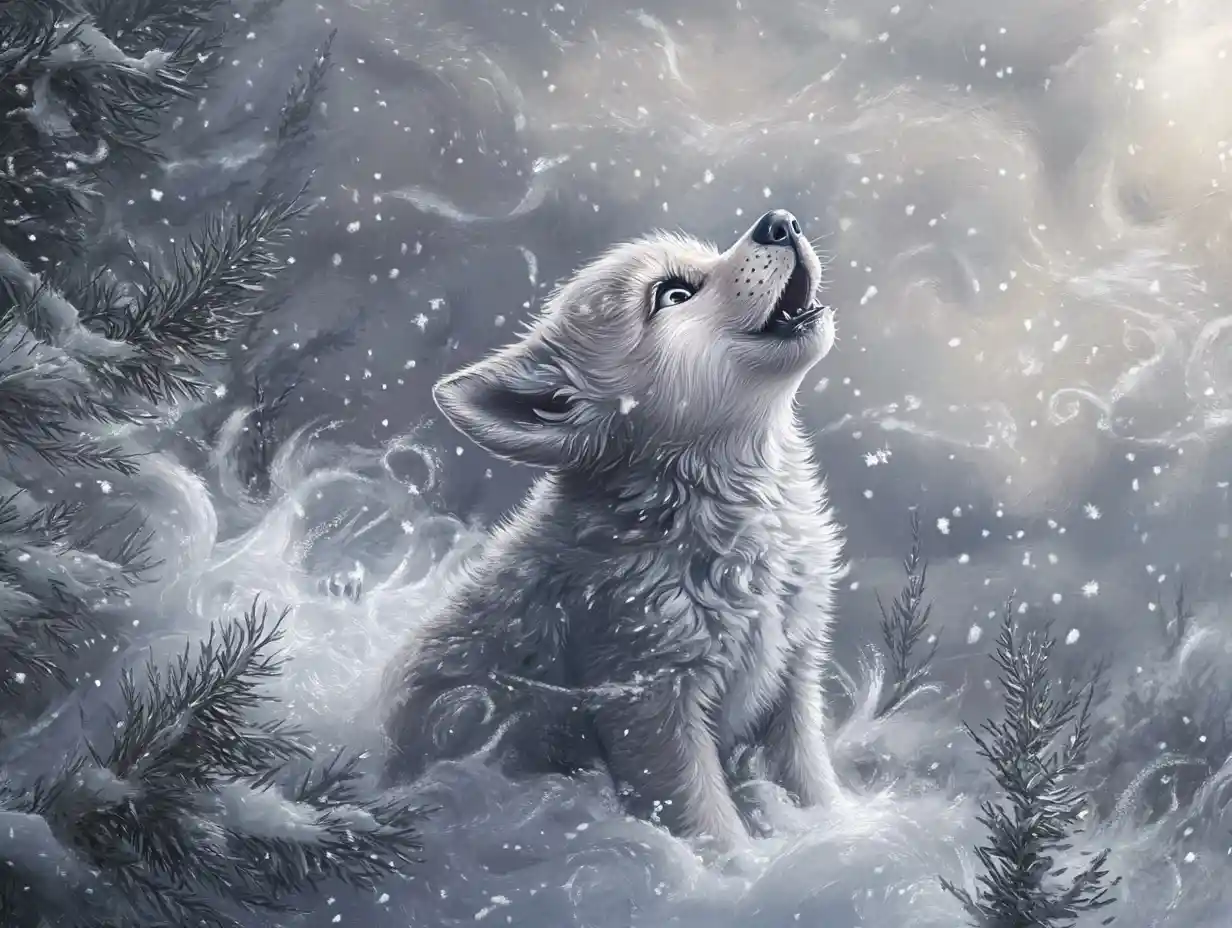 Filhote de lobo jovem uivando em uma floresta siberiana nevada