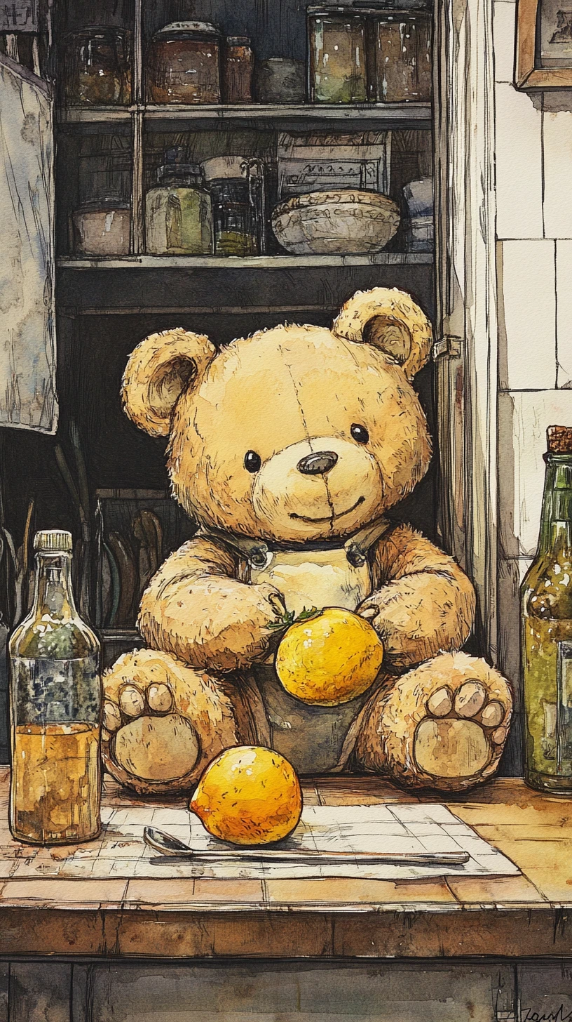 Dolce orsetto chibi con agrumi su un tavolo da cucina
