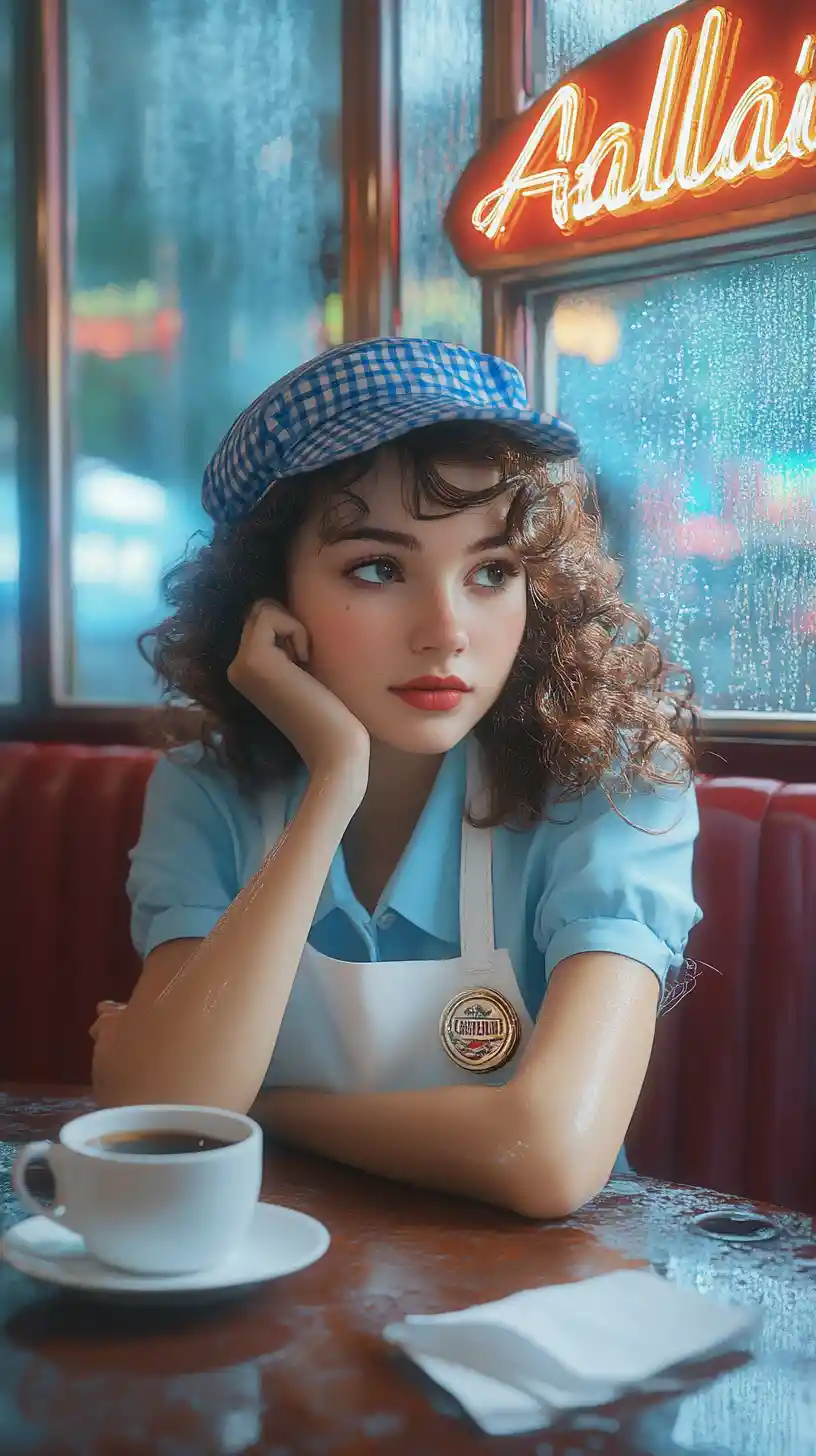 Thoughtful diner waitress watching rain by the window