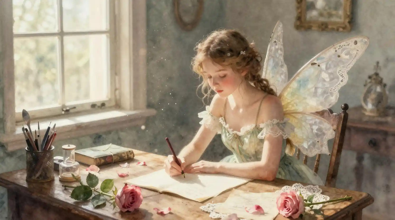 Fata che Scrive a una Scrivania Coperta di Rose in una Stanza Illuminata dal Sole