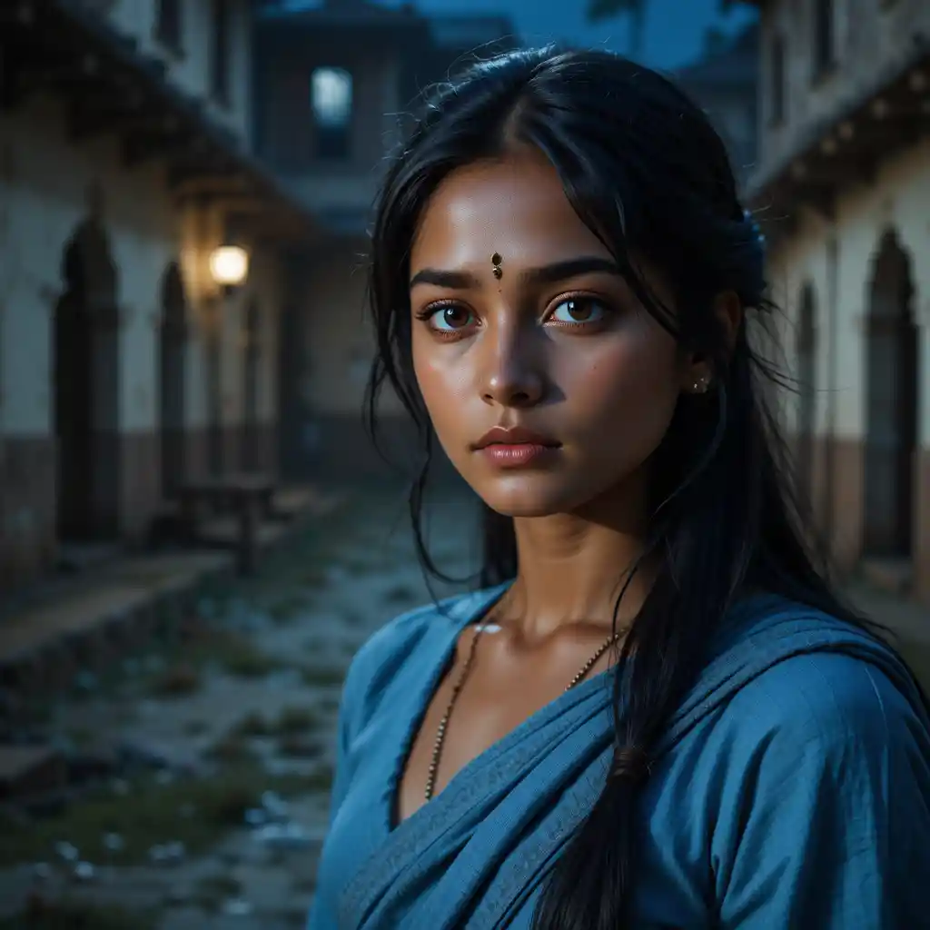 Portrait d’une jeune fille indienne de village dans une cour au clair de lune
