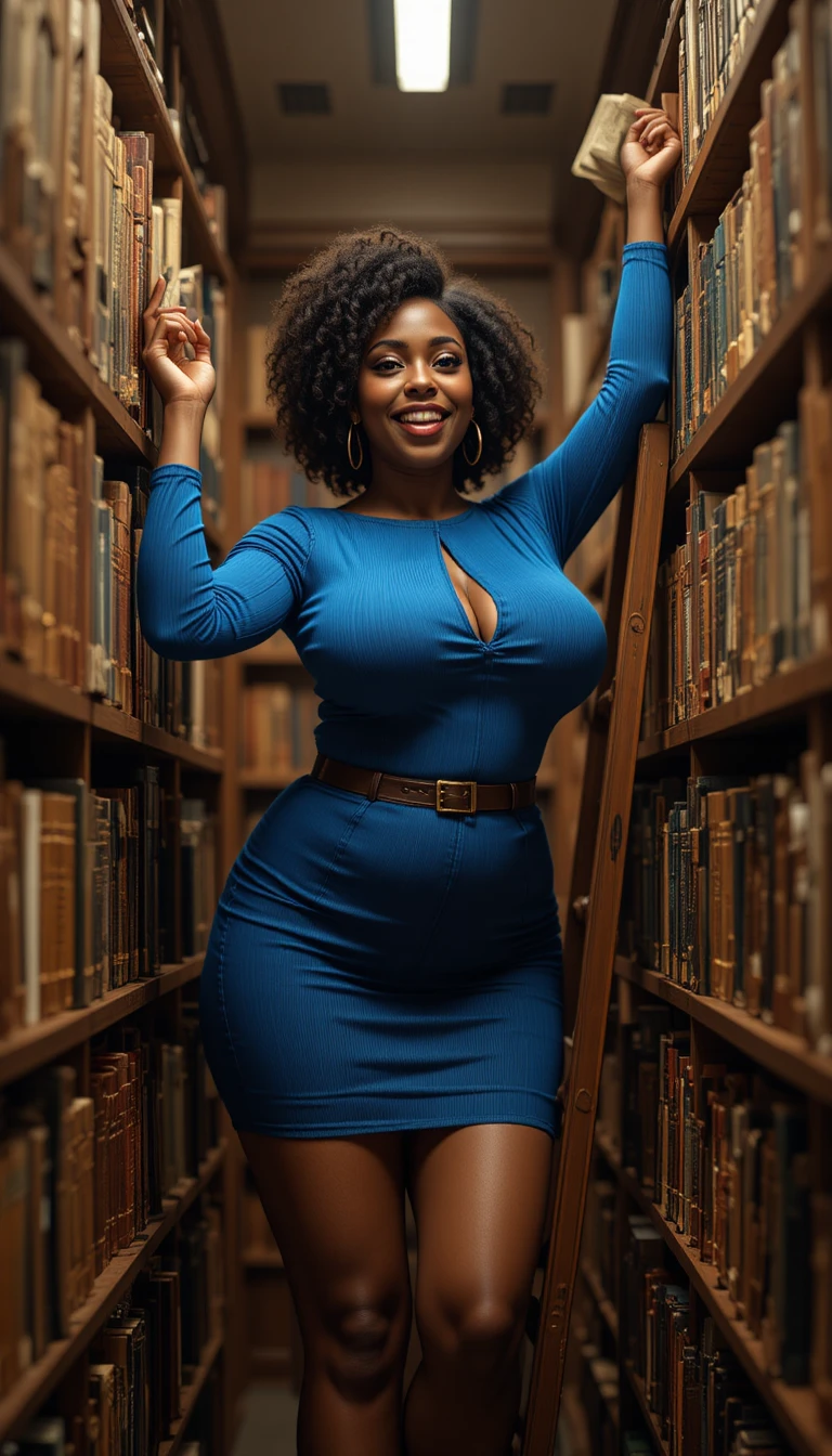 Mulher curvilínea em escada alcançando livro em biblioteca aconchegante