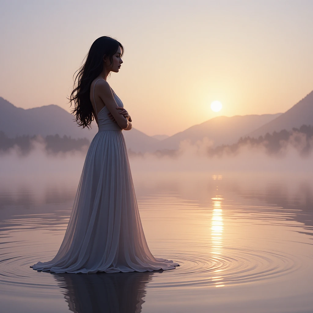Femme au bord d’un lac paisible à l’aube dans une douce lumière pastel
