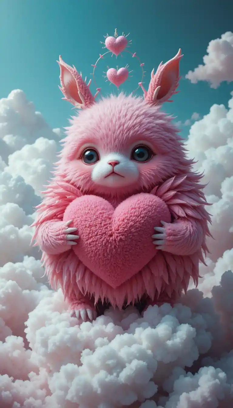 Adorable petite créature serrant contre elle un grand cœur lumineux