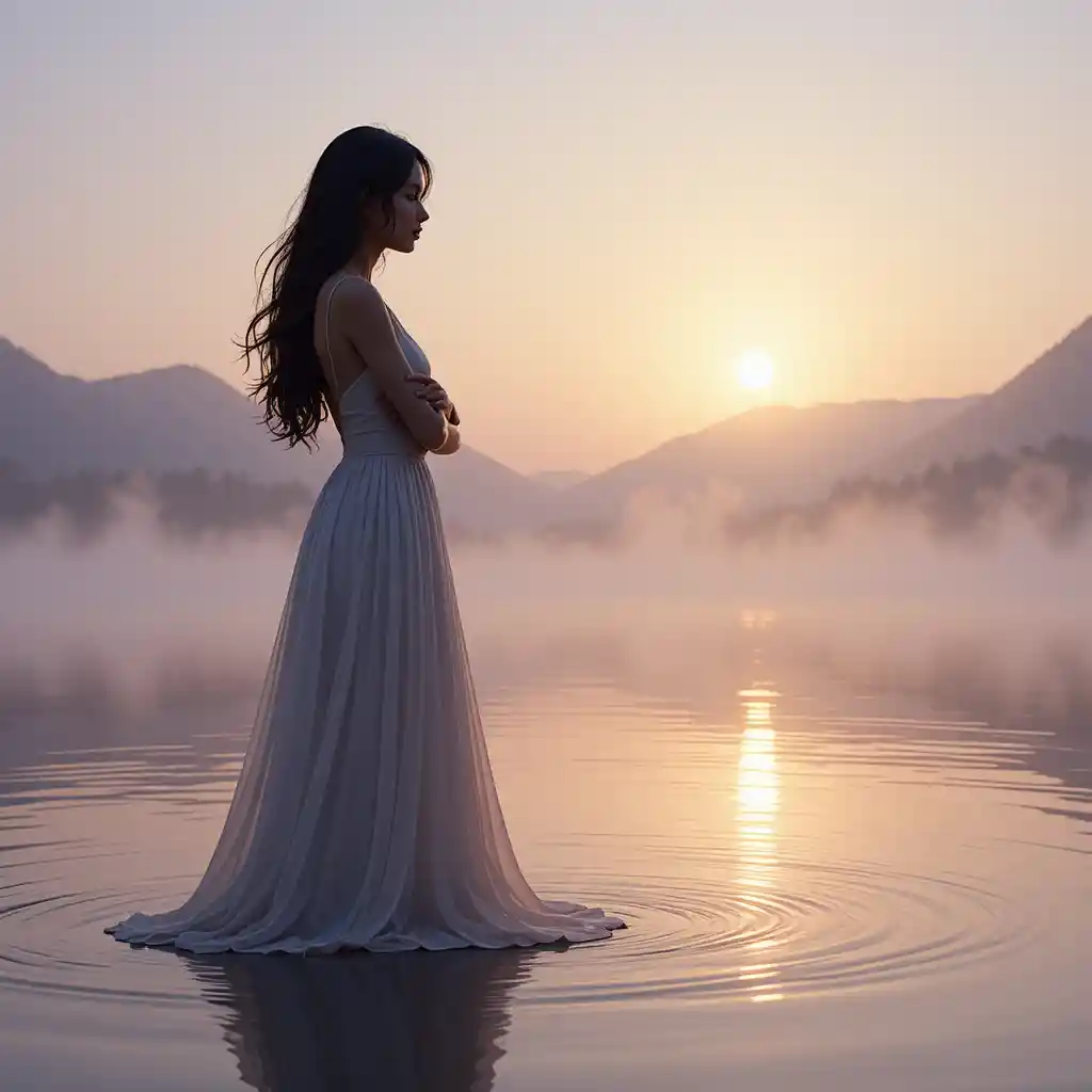 Femme au bord d’un lac paisible à l’aube dans une douce lumière pastel