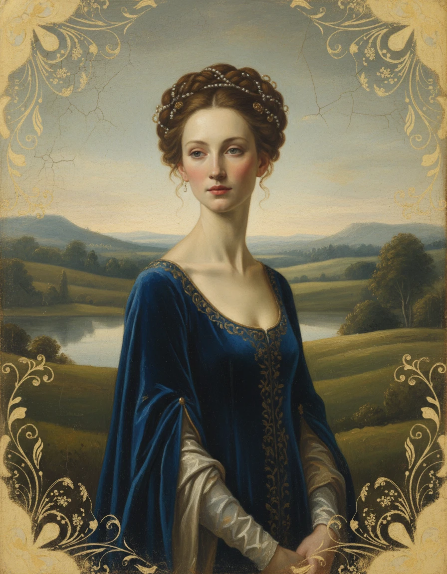 Ritratto di donna elegante su sfondo di paesaggio astratto e sereno