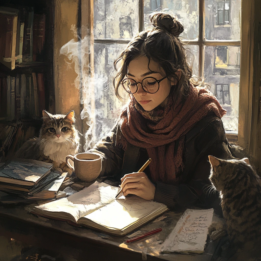 Mujer dibujando en un escritorio de madera con un gato curioso
