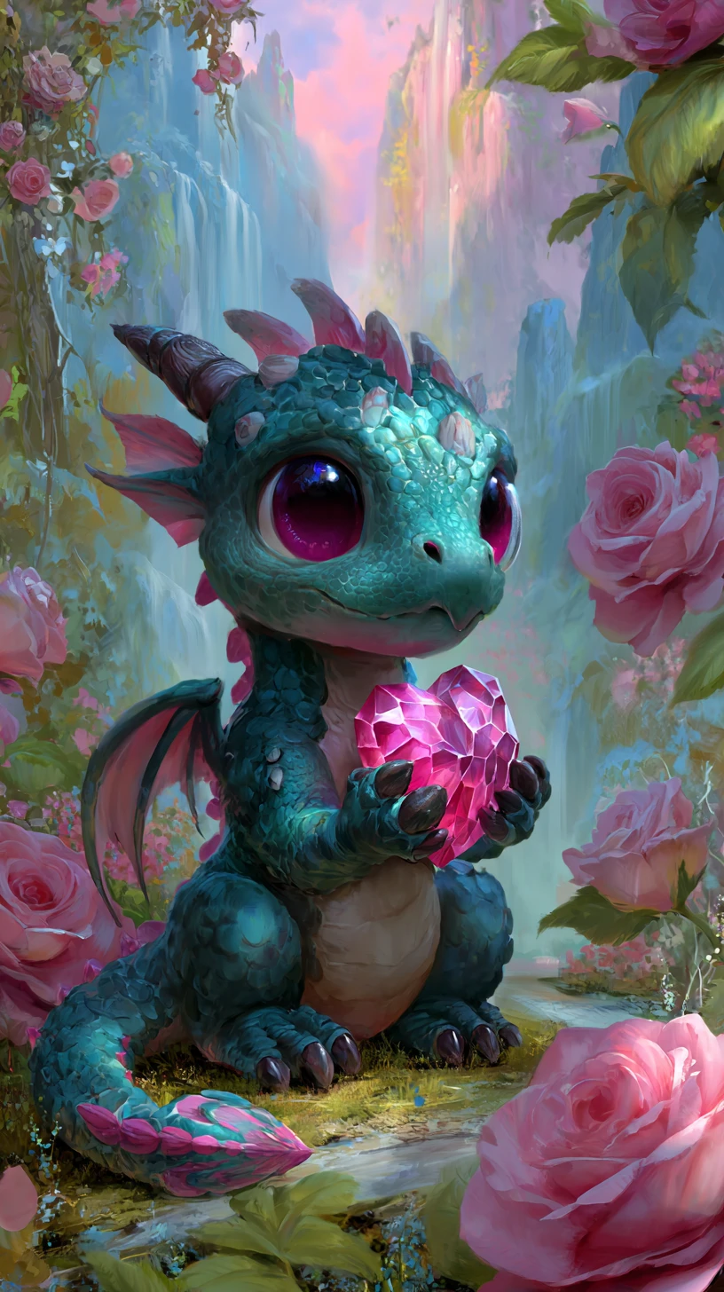 Adorable bébé dragon avec cœur de cristal dans une vallée magique