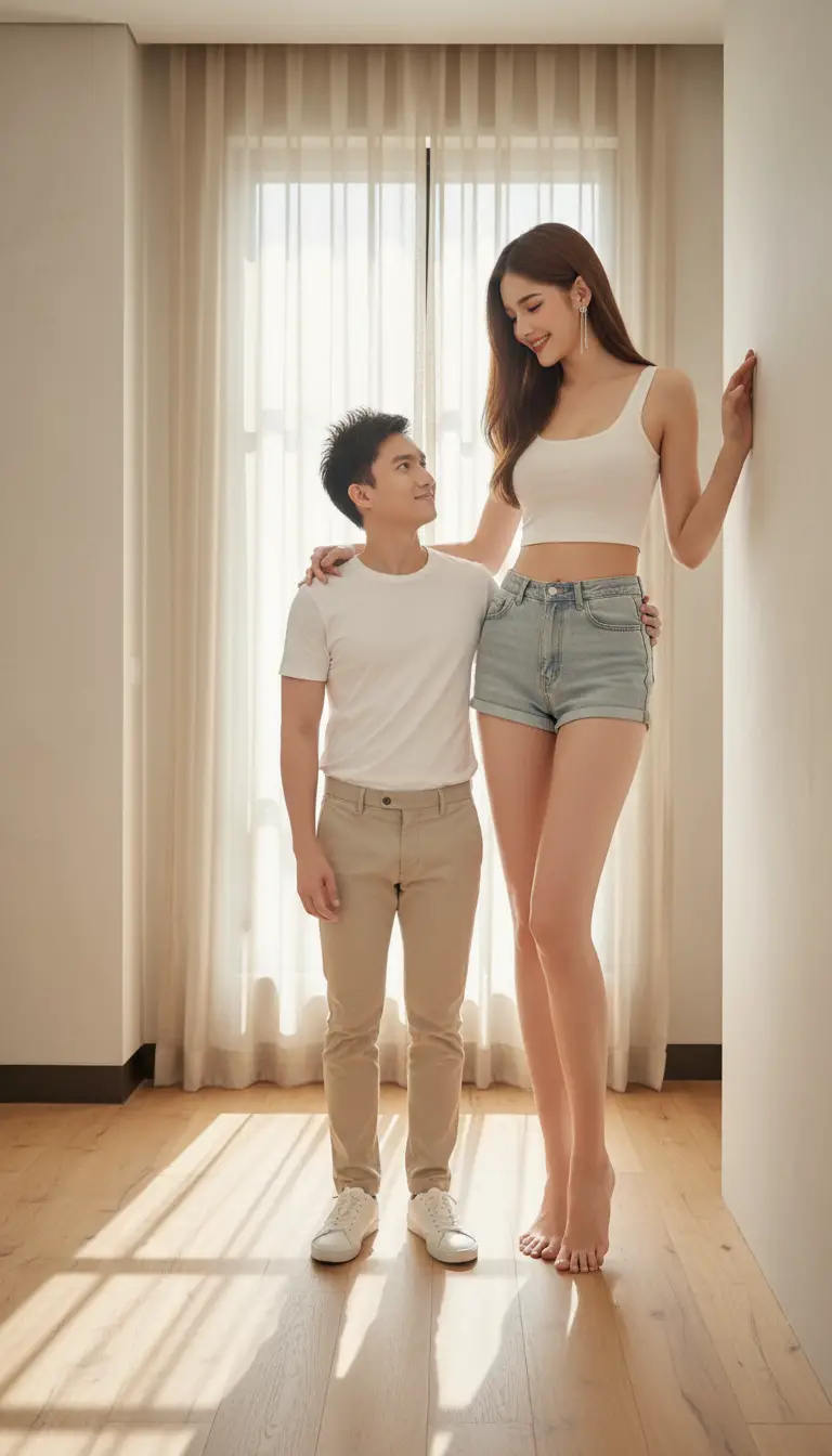 Pareja tailandesa romántica en una habitación minimalista iluminada por el sol