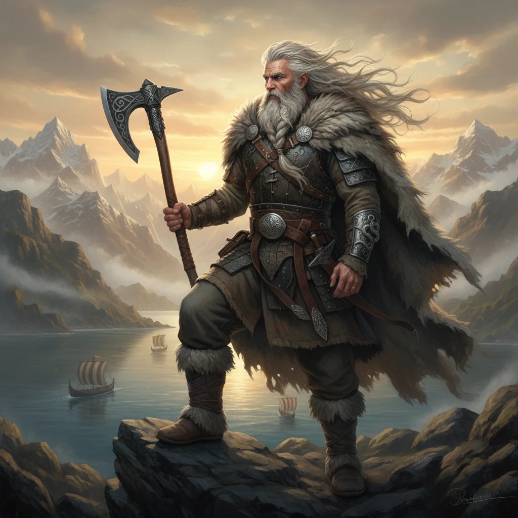 Guerreiro viking observando fiordes e montanhas distantes