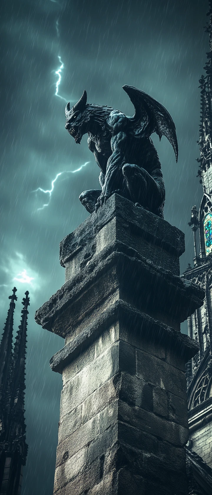 Gárgula antiga em catedral gótica em ruínas sob a tempestade