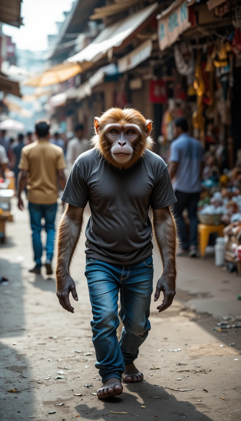 Affe in Freizeitkleidung geht durch belebten indischen Markt