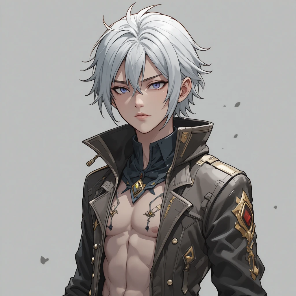 白髪で双剣を構えるアニメ戦士の男