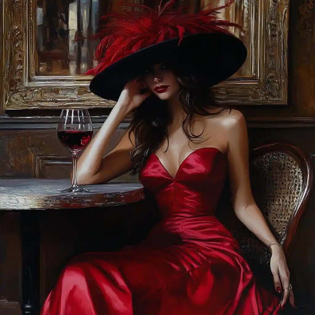 Elegant woman in red gown at a romantic cafe