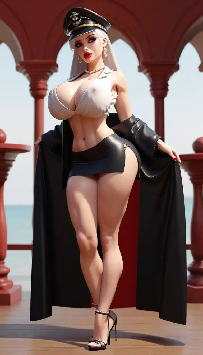 Mujer de anime seductora bailando en un muelle de puerto militar