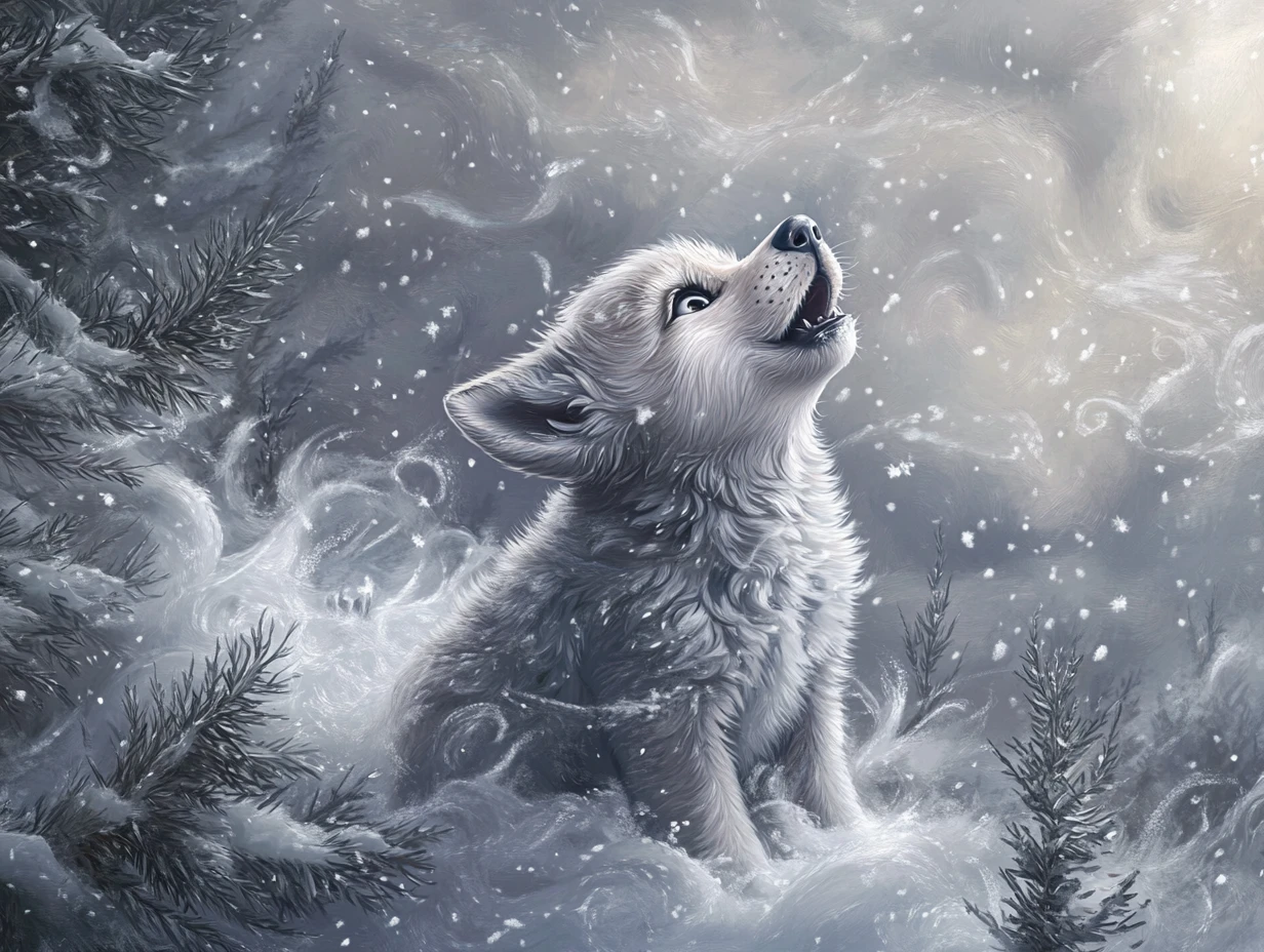 Filhote de lobo jovem uivando em uma floresta siberiana nevada