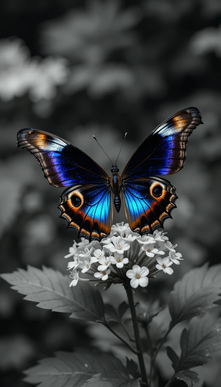 Colorful butterfly resting on white flower in soft green garden