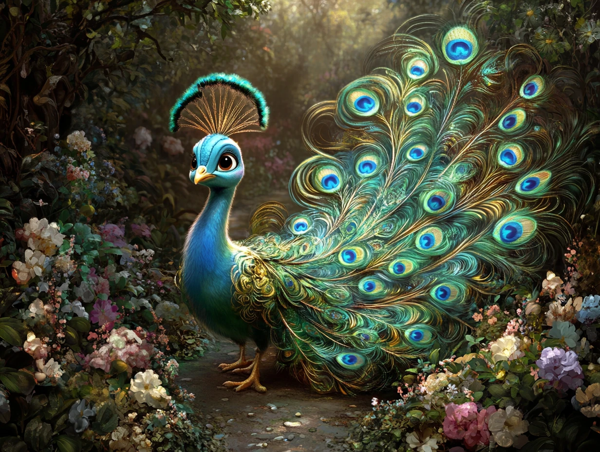 Filhote de pavão caminhando por um exuberante jardim subtropical