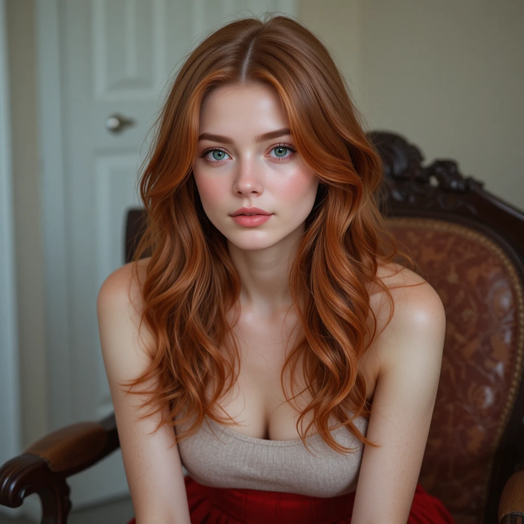 Red haired girl in red skirt sitting on wooden armchair