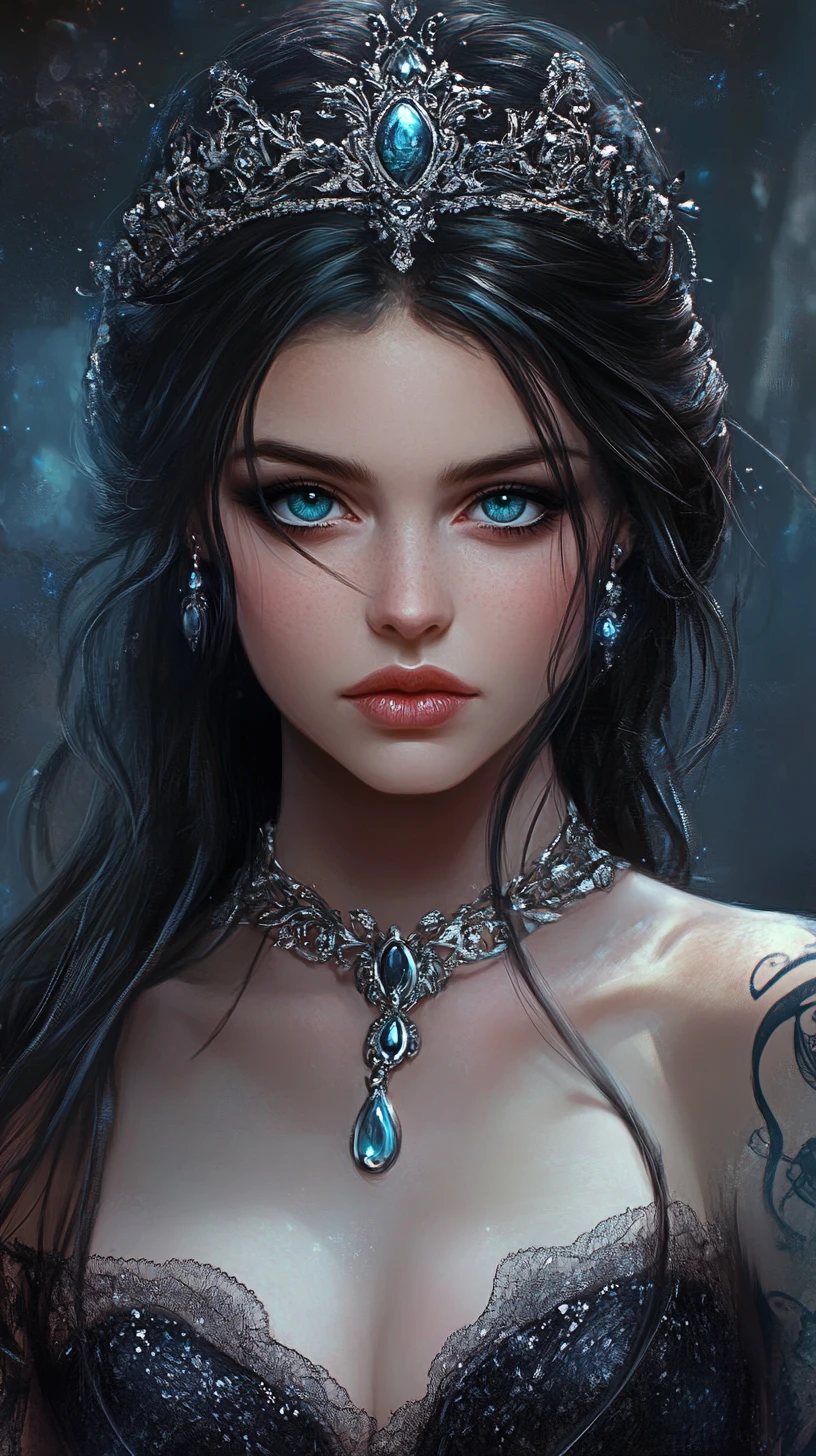 Dark haired snow queen witch with dragon tattoo