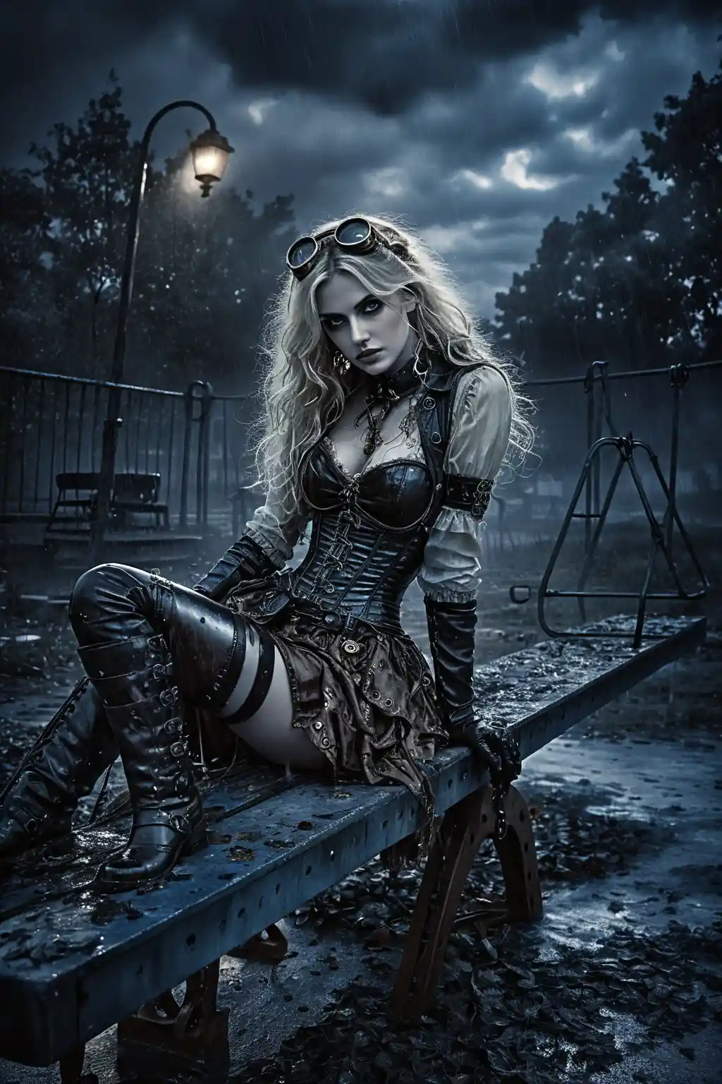 Steampunk goth woman on a rain soaked playground seesaw