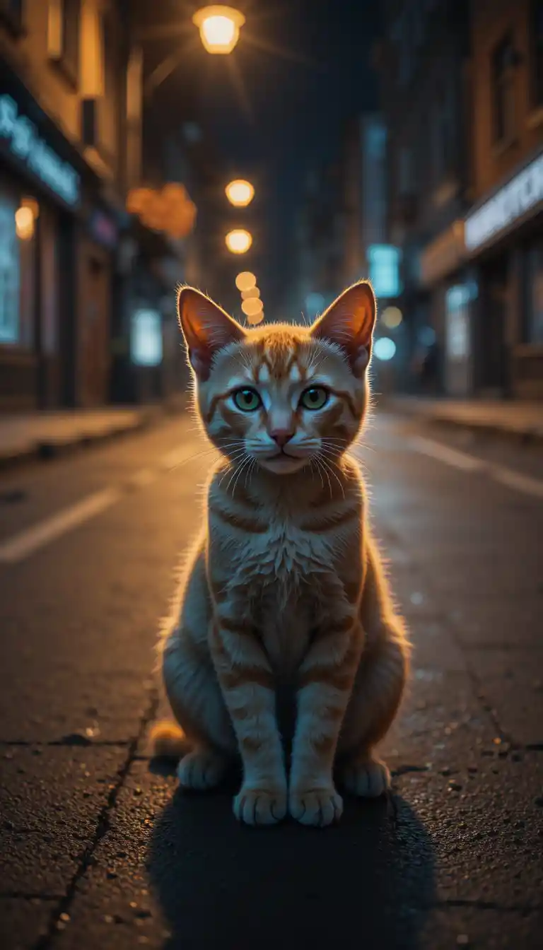 Gato de rua solitário em uma rua urbana fracamente iluminada à noite