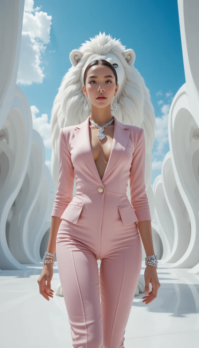 Mulher confiante de terno rosa com leão branco gigante