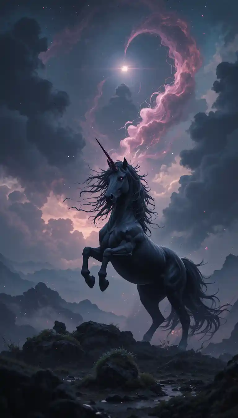 Unicorno nero impennato sotto un cielo fantasy di mezzanotte buia