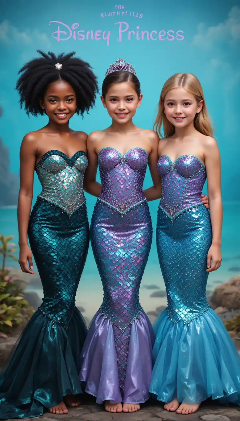 Three young mermaid girls in shimmering underwater scene