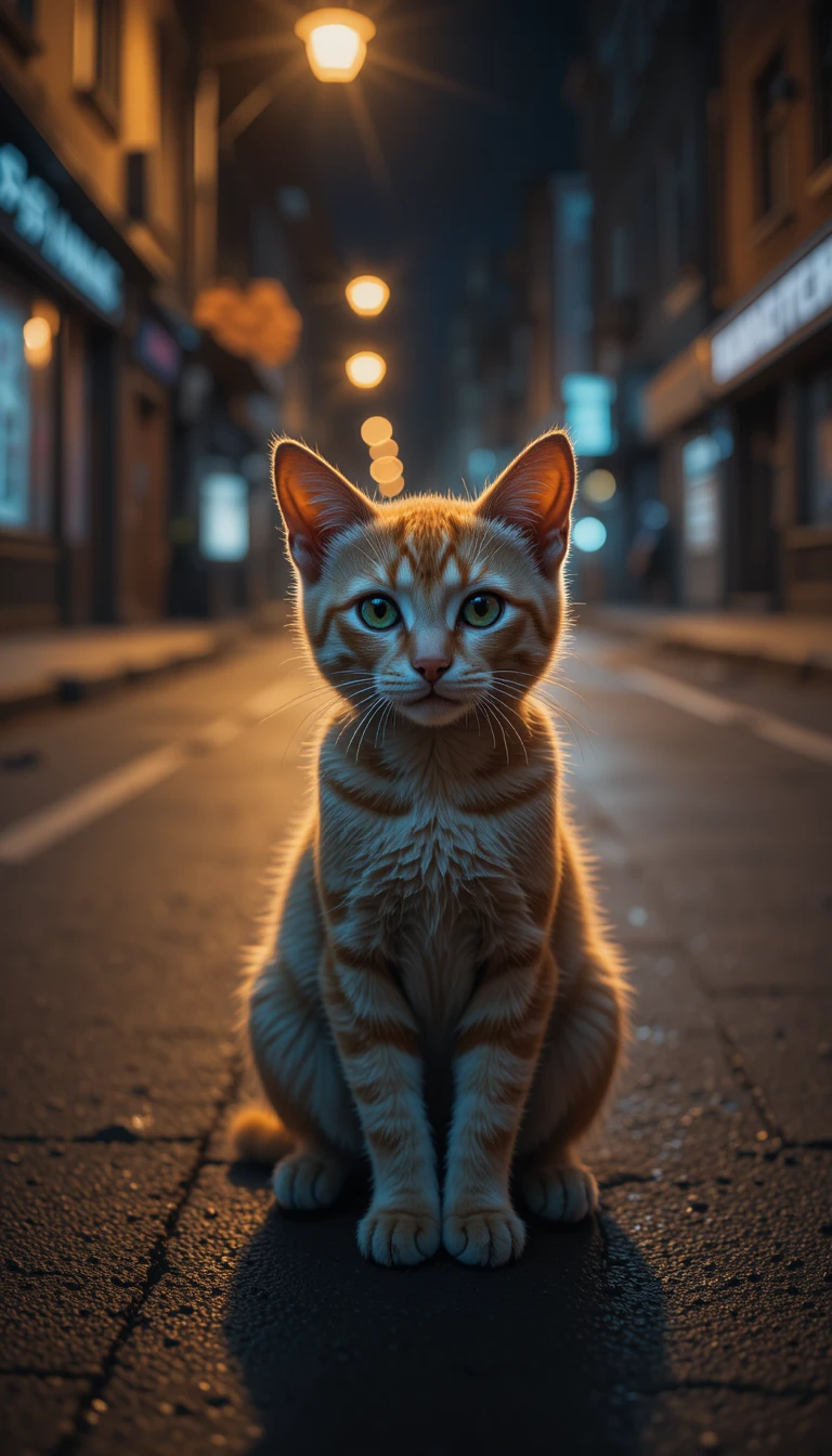 Gato de rua solitário em uma rua urbana fracamente iluminada à noite