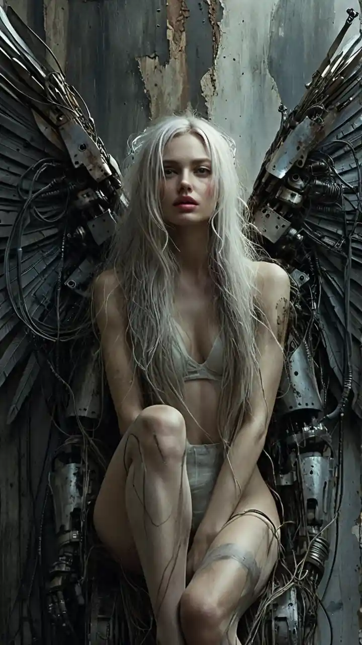 Donna angelo sci‑fi cinematografica in armatura meccanica logora