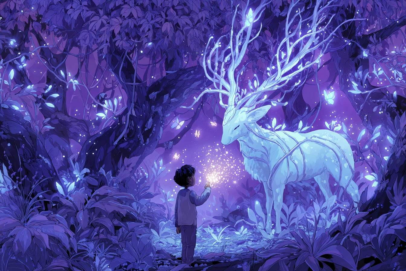 Enfant entrant dans une forêt enchantée lumineuse de lumière vivante