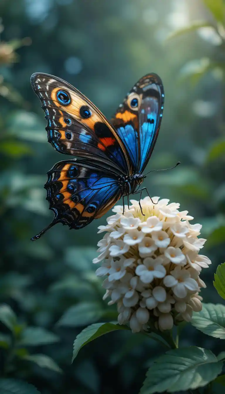 Borboleta‑pavão em hebe branca com fundo bokeh verde suave
