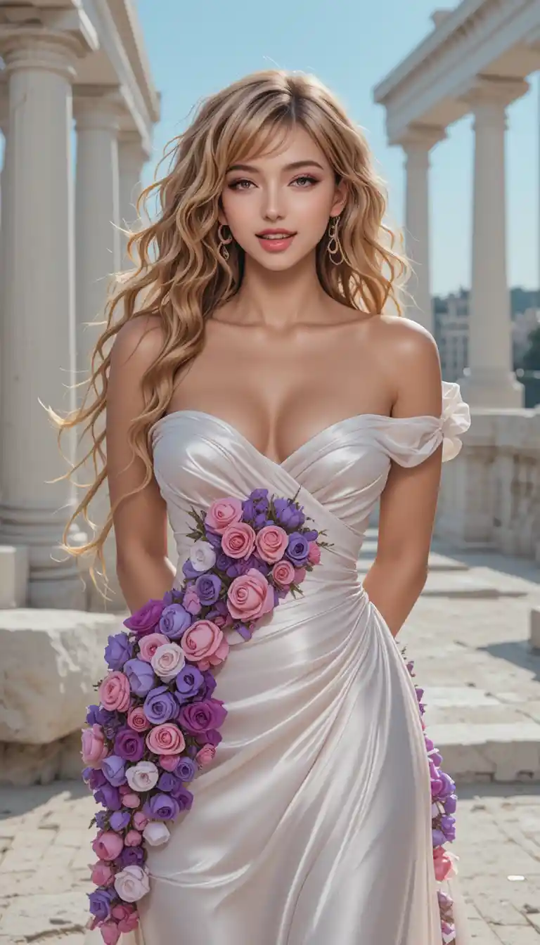 Deusa fantasiosa de vestido branco entre ruínas gregas