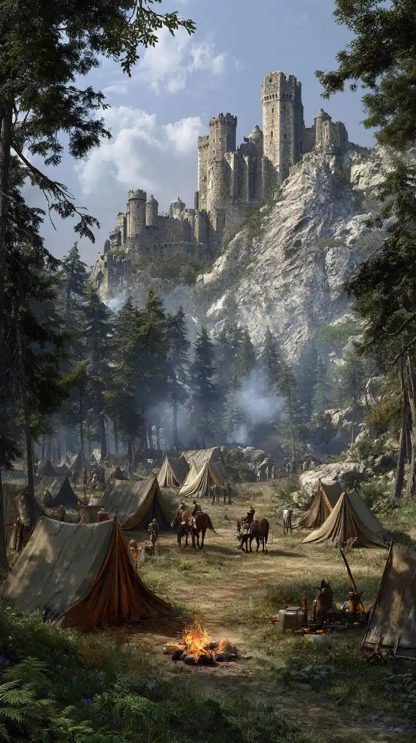 Castelo em ruínas no topo da colina acima de um movimentado acampamento militar medieval