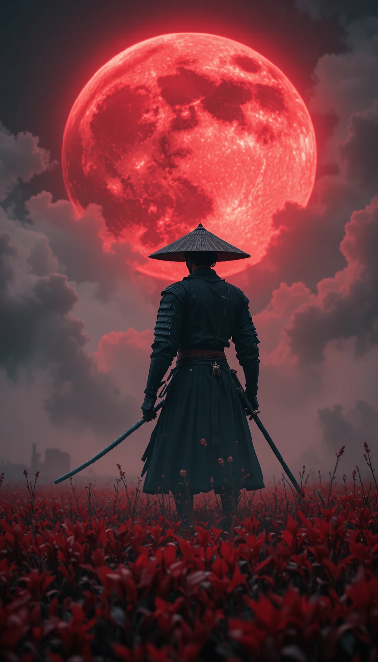 巨大血紅月下的孤獨骷髏武士